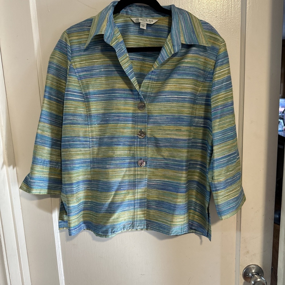 Austin Reed Classic Women Suit Jacket SZ 12 100% Silk Blue Green Button EUC